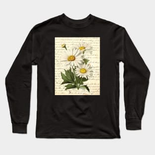 Daisy Botanical on Antique Letter Collage Long Sleeve T-Shirt